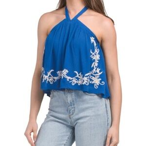 Blue Halter Top with White Embroidery